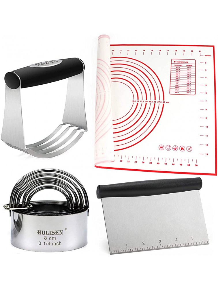 HULISEN Stainless Steel Pastry Scraper Dough Blender Silicone Mat and Biscuit Cutter Set 4 Pieces  Set Heavy Duty & Durable with Ergonomic Rubber Grip Professional Pastry Cutter for Baking - B15LBHU1T