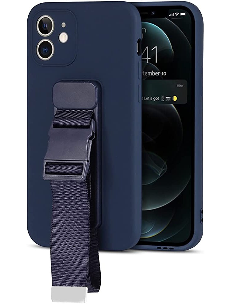 Ostop Case Compatible with iPhone 12 Mini with a Belt Buckle Strap and Hand Grip Kickstand,Adjustable Crossbody Necklace Lanyard Wrist Strap Case Fashion Finger Strap Cover,Blue - BSHLP0QRF