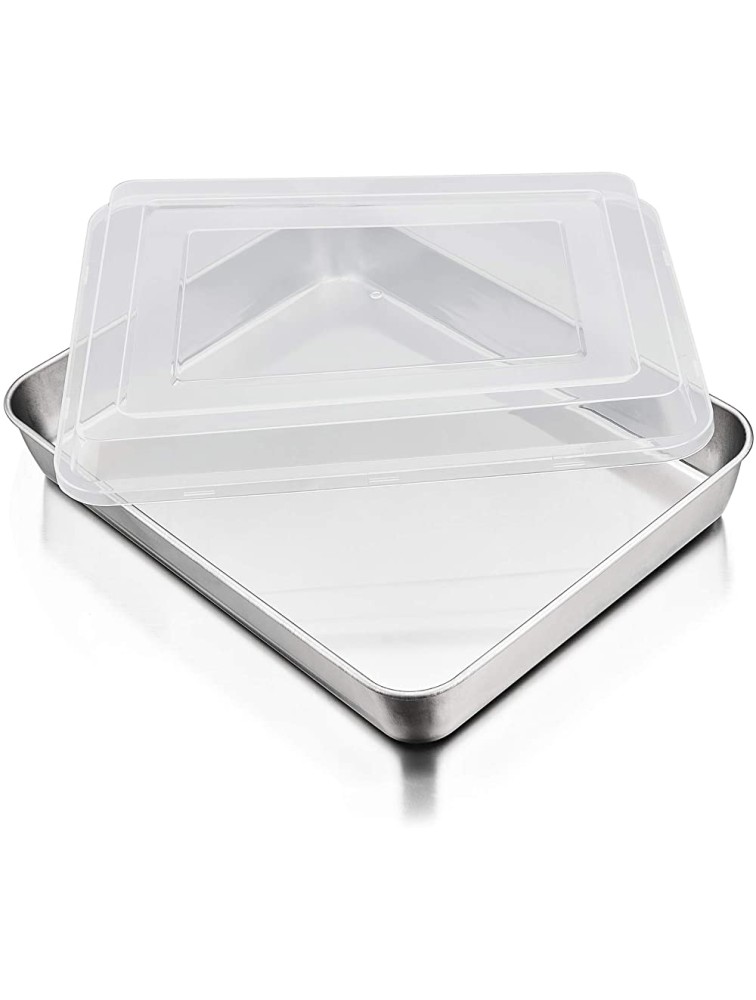 P&P CHEF Baking Pan with Airtight Lid Stainless Steel Lasagna Cake Pan and Plastic Lid 12.3 Inch Rectangular Bakeware for Baking Reheating Roasting Storing Heavy Duty & Dishwasher Safe - BKN8RZM9M
