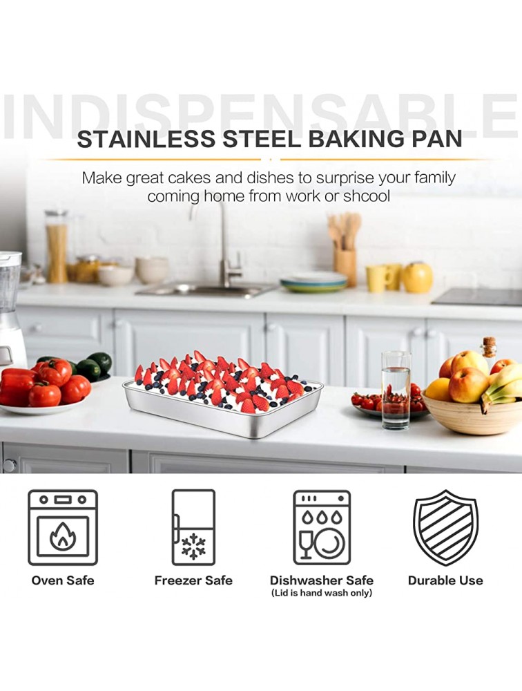 Stainless Steel Baking Pan with Lid E-far 12⅓ x 9¾ x 2 Inch Rectangle Sheet Cake Pans with Covers Bakeware for Cakes Brownies Casseroles Non-toxic & Healthy Heavy Duty & Dishwasher Safe Set of 2 - BJFPH4OGL