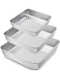 TeamFar Square Cake Pan 6 8 9 Inch Stainless Steel Square Baking Pan for Cake Brownie Lasagna Non-Toxic & Heavy Duty One Piece Mold & Deep Wall Smooth & Dishwasher Safe – Set of 3 - B5NKMUNAN