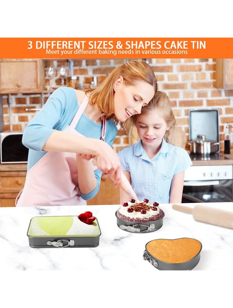 zootop Small Springform Pan Set 3PCS Nonstick Cake Mold with Removable Bottom Small Detachable Cake Pans Heart Round Square Baking Molds Leakproof Cheesecakes Pan Bakeware Circle Spring Form Pans - BJ6YTP19R