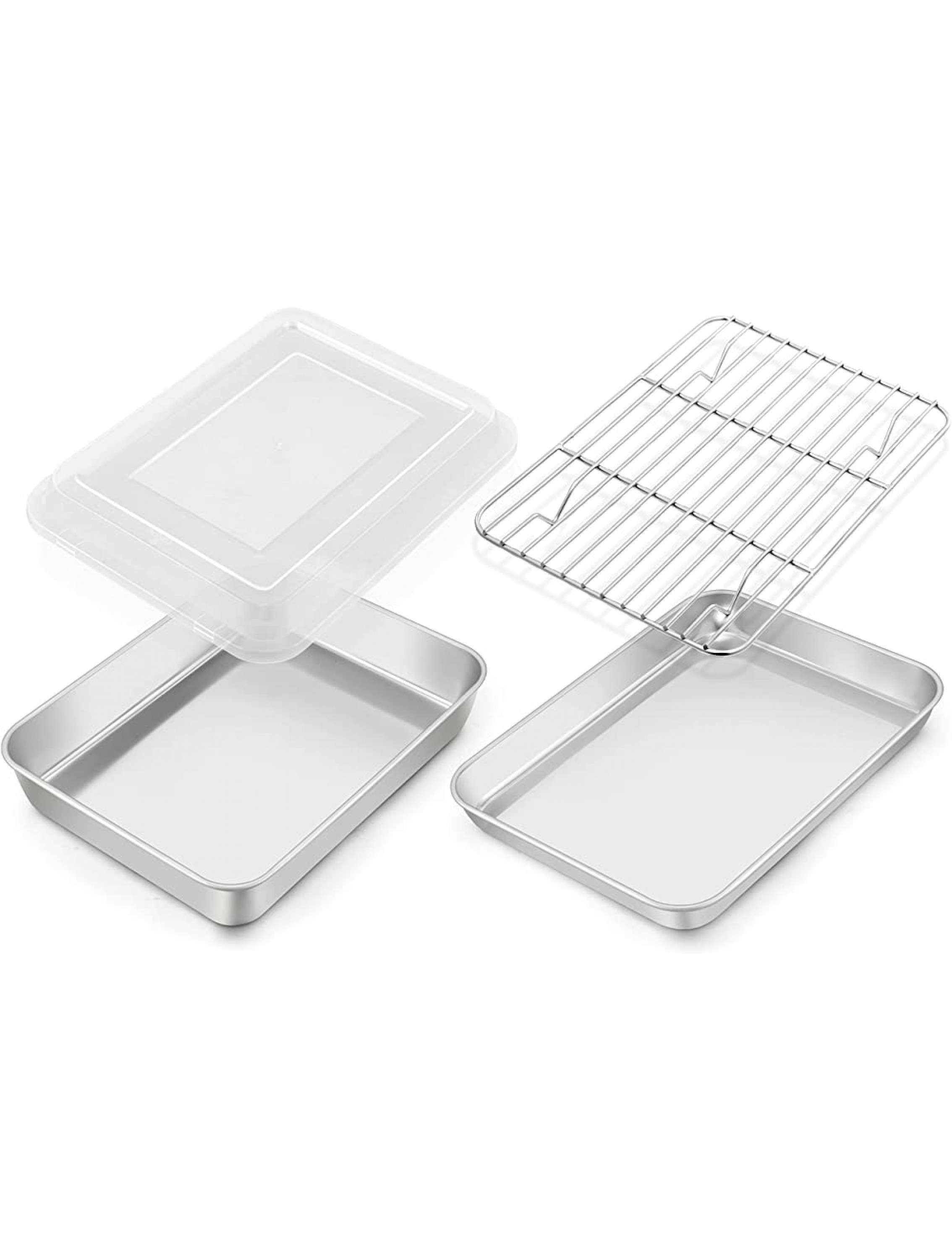 TeamFar Toaster Oven Pan 9.3’’ x 7’’ Stainless Steel Mini Rectangular Cookware Baking Roasting Cake Pan with Cooling Rack and Lid Healthy & Sturdy Deep & Visible Lid Dishwasher Safe – 4 PCS - BMECLAENG
