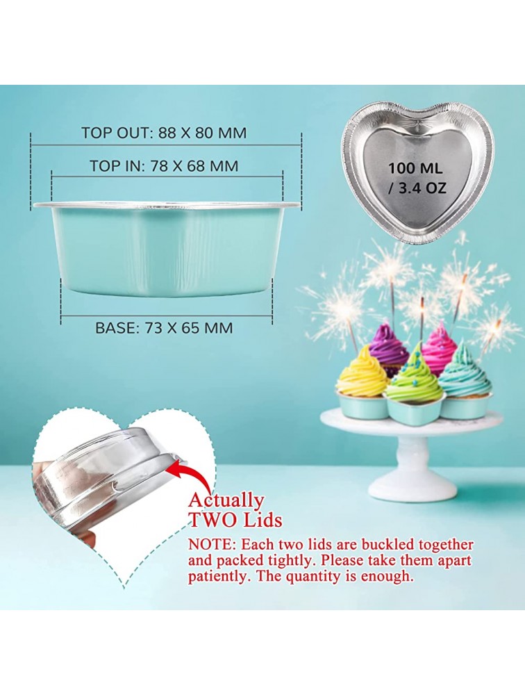 100 Sets Aluminum Foil Cake Pan Heart Shaped Cupcake Cup with Lids 100 ml 3.4 ounces Disposable Mini Cupcake Cup Flan Baking Cups Pan with Lid for Valentine Mother's Day Wedding Xmas Blue - BLGJ4W42J