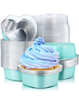 100 Sets Aluminum Foil Cake Pan Heart Shaped Cupcake Cup with Lids 100 ml  3.4 ounces Disposable Mini Cupcake Cup Flan Baking Cups Pan with Lid for Valentine Mother's Day Wedding Xmas Blue - BLGJ4W42J