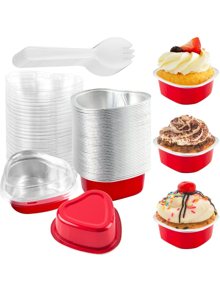 WXJ13 50 Sets Heart Shaped Cake Pans with Lids Aluminum Mini Disposable Heart Cupcake Pans Baking Cups and 50 Cake Scoops for Birthday Wedding Party Valentine's Day Children's Day 55ml - BO2AS2OI5