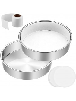 8 Inch Cake Pan Set of 2 E-Far Stainless Steel Round Layer Cake Baking Pans with Parchment Rounds & Side Liner Roll Non-Toxic & Healthy Metal Cake Tin Straight Side & Dishwasher Safe - BQVAT4BGS