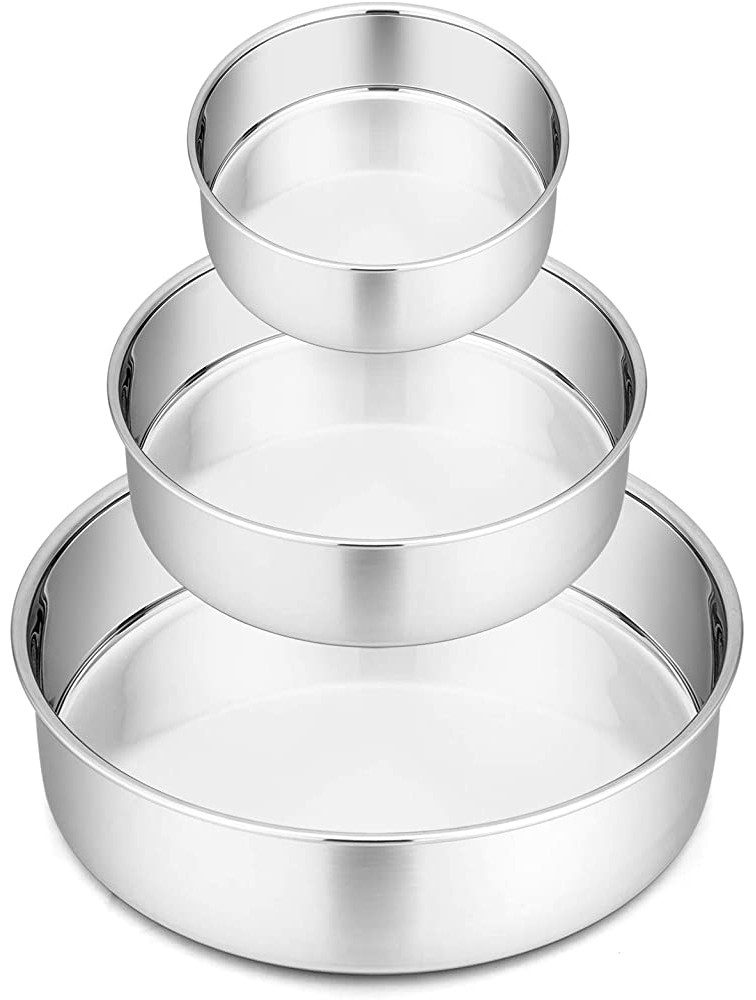 Cake Pan Set 4” & 6” & 8” Round Baking Layer Cake Pans P&P CHEF Stainless Steel Leakproof Bakeware Cake Tin for Birthday Weeding Tier Cake Heavy Duty & Non Toxic Mirror Finish & Dishwasher Safe - BNR47APXM