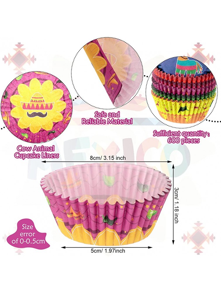 600 Pieces Mexican Party Cupcake Liners Fiesta Theme Cinco De Mayo Cactus Donkey Taco Pepper Sombrero Mustache Cupcake Baking Cups Wrappers Paper Wraps Muffin Case Trays for Mexican Party Decorations - BGAA8WPVE