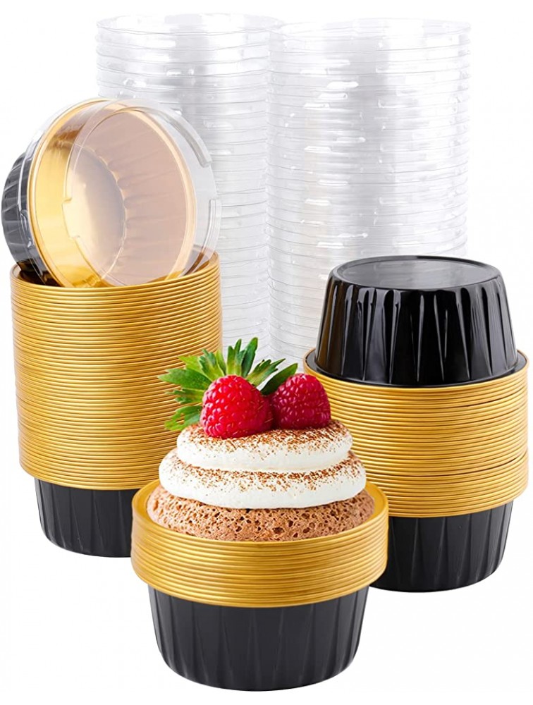DEAYOU 100 Pieces Aluminum Foil Baking Cups with Lids 5oz Disposable Ramekins Muffin Cups 3 Cupcake Foil Liners Tart Pie Tin Pan Holder for Pudding Souffle Party Wedding Black Gold Color - BV1JK8FXG