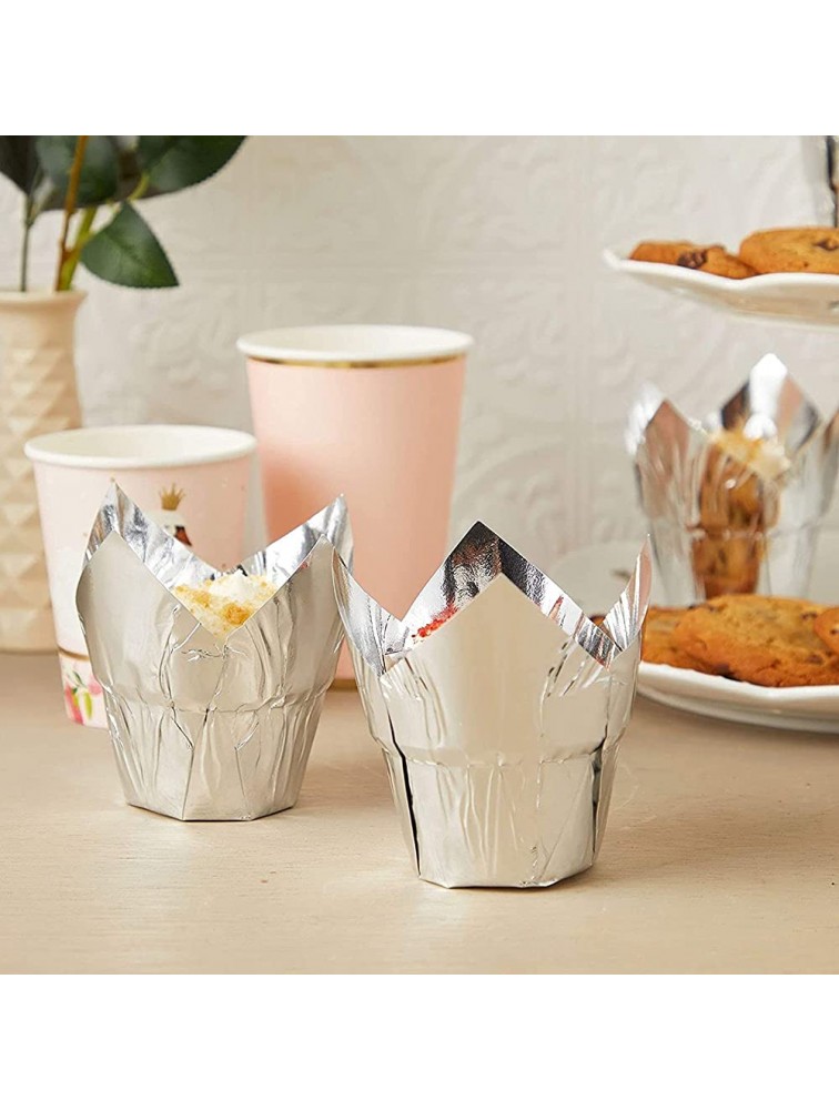 Silver Tulip Cupcake Liners Foil Muffin Baking Cups 3.35 x 3.5 In 100 Pack - BQ9OD4ECN