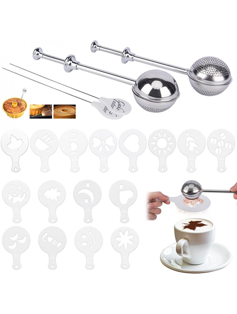 Dusting Wand for Sugar Flour and Spices Baking Dusting Wand Powdered Sugar Shaker Stainless Steel Baking Tools Accessories Set with Cake Testing Needles and 16Pcs Coffee Stencil - BPJU2O3RR