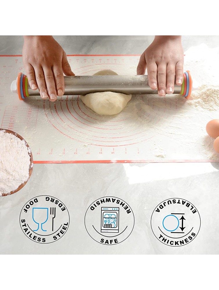 1Pcs Rolling Pin And Silicone Baking Pastry Mat Set Stainless Steel Dough Roller with Adjustable Thickness Rings with Nonstick Silicone Baking Mat for Baking Dough Pizza Pastries Pasta Cookies - BL2K5DCMB