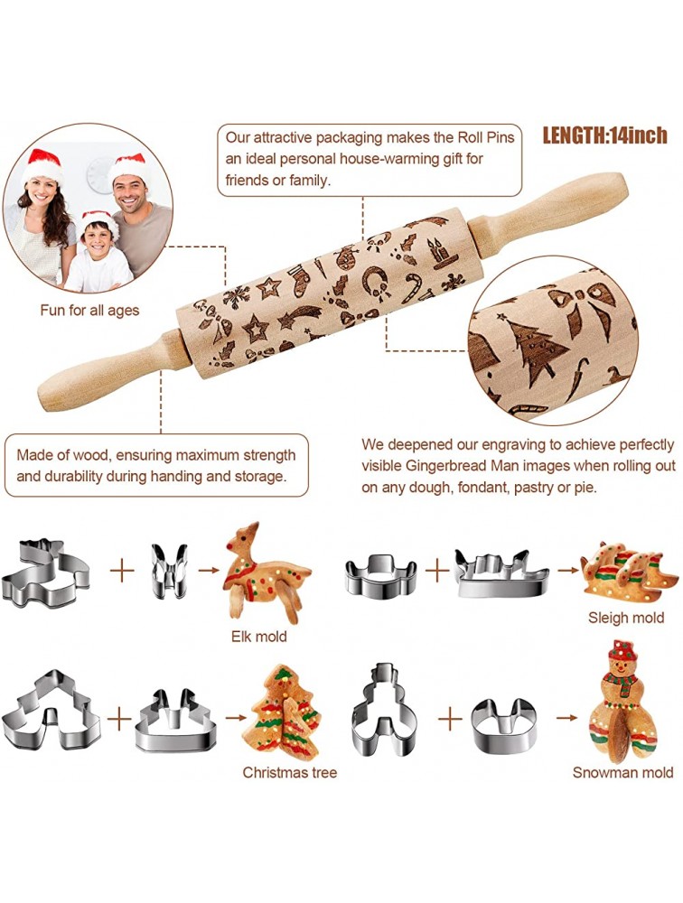 2 Pieces Christmas Wooden Rolling Pins 3D Engraved Embossing Christmas Snowflake Pattern Rolling Pin with 8 Pieces Cookie Cutters for Kitchen Tool Baking Embossed Cookies - BKZPQQH8D
