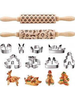 2 Pieces Christmas Wooden Rolling Pins 3D Engraved Embossing Christmas Snowflake Pattern Rolling Pin with 8 Pieces Cookie Cutters for Kitchen Tool Baking Embossed Cookies - BKZPQQH8D