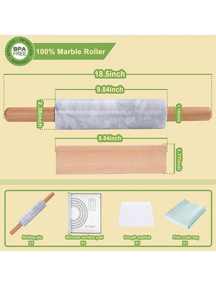 Aisiming Upgraded Marble Rolling Pin Set Built-in Bearing,Polished 18-inch Roller,Easy Rolling ,Beech Wooden Handles and Cradle,with Silicone Baking Mat,Dough Scraper,Easy to CleanWhite - BUMBO72PS