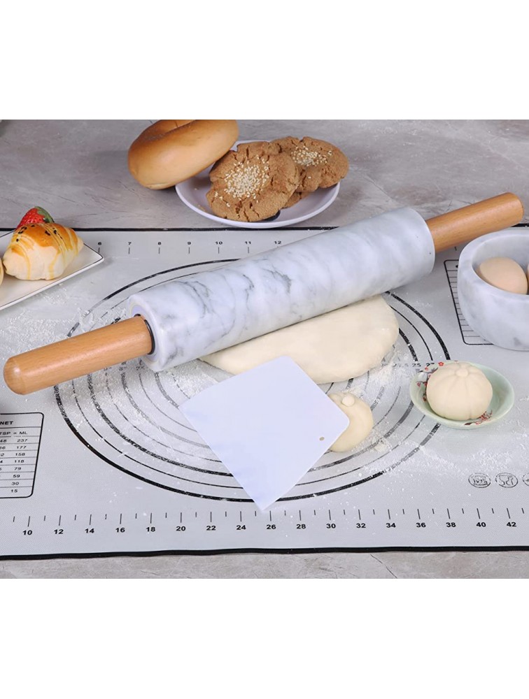 Aisiming Upgraded Marble Rolling Pin Set Built-in Bearing,Polished 18-inch Roller,Easy Rolling ,Beech Wooden Handles and Cradle,with Silicone Baking Mat,Dough Scraper,Easy to CleanWhite - BUMBO72PS