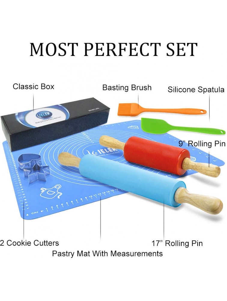 Non-Stick Rolling Pin Silicone Basting Pastry Mat Spatula Brushes Set:Combo Kit of Large and Small Dough Rollers and 2 Stainless Steel Cookie Cutters for Baking - BJ7ADTQII