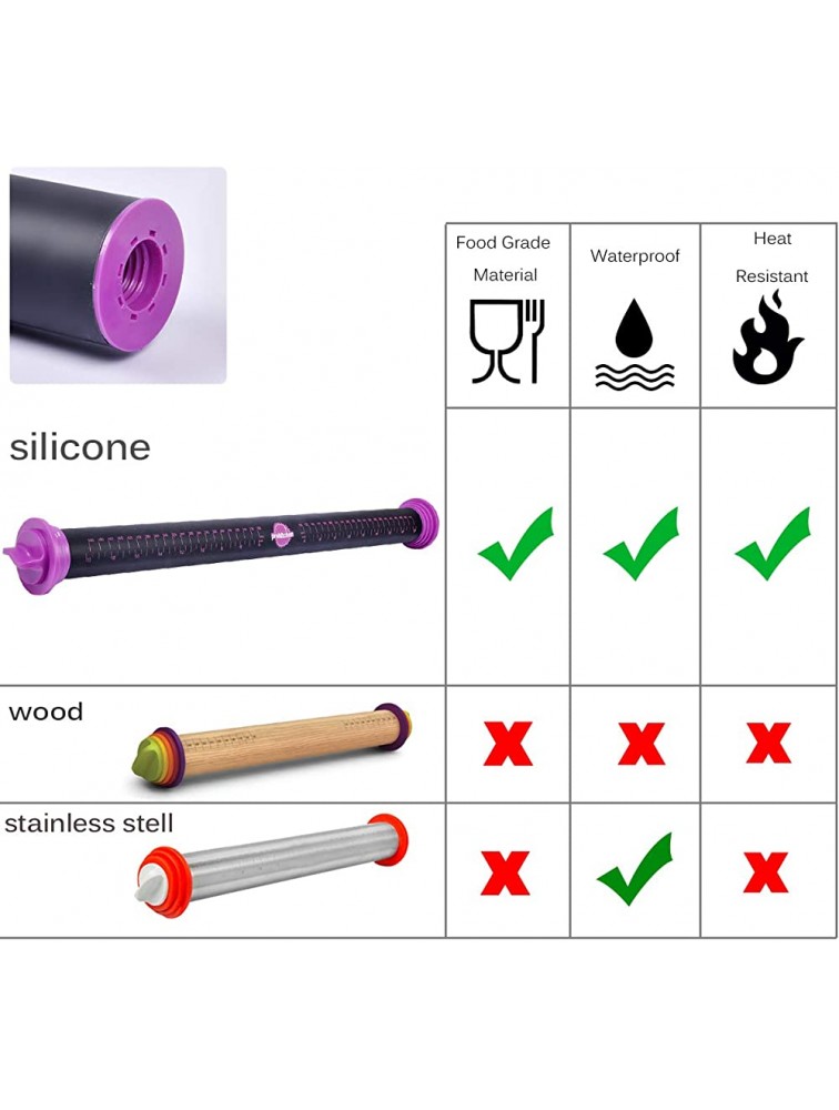 PROKITCHEN Silicone Rolling Pin with Thickness Rings 23.6 inch Large Rolling Pin for Baking Fondant Dough Pasta Cookie Pizza Dumpling Purple Long Rolling Pin - BHUJSB4YL