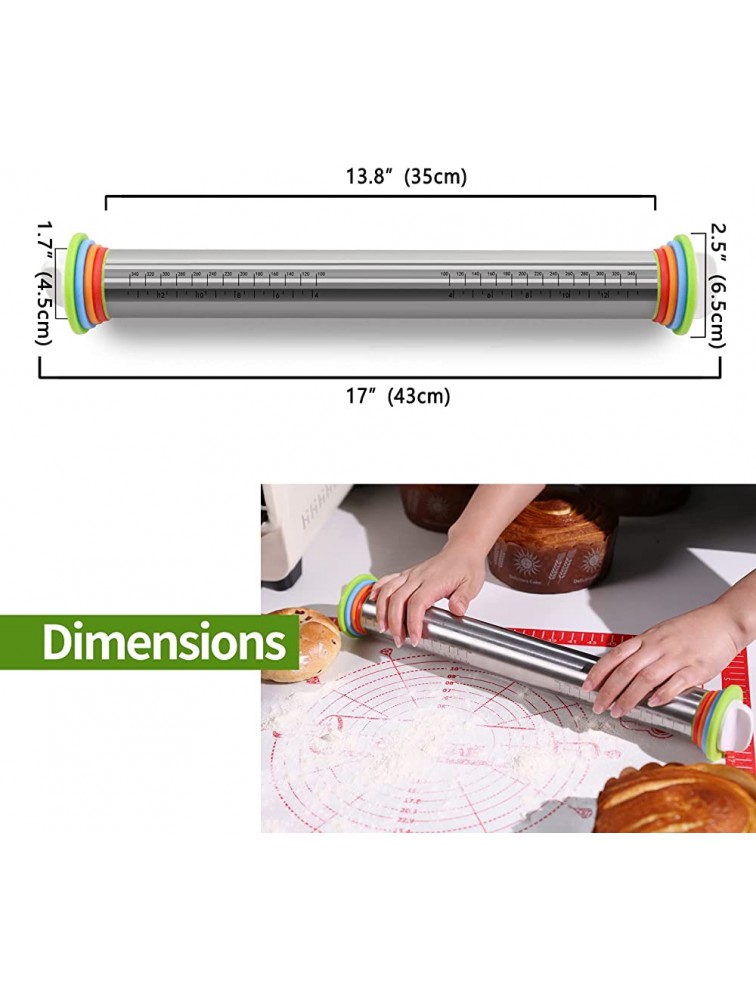 Rolling Pin with Thickness Rings- Adjustable Stainless Steel Roller Guides-Non Stick Dough Roller Pin for Dough Pizza Pie,Pastries and Cookies By KITCHENRAKU KR - BLGPVLB3B