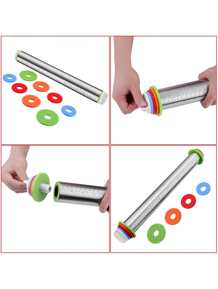 Rolling Pins Stainless Steel Dough Roller Rolling Pin and Silicone Baking Pastry Mat Set Adjustable Rolling Pin with Thickness Rings for Baking Dough Pizza Pie Pastries Pasta CookiesRed - BCYLQ4Q6E
