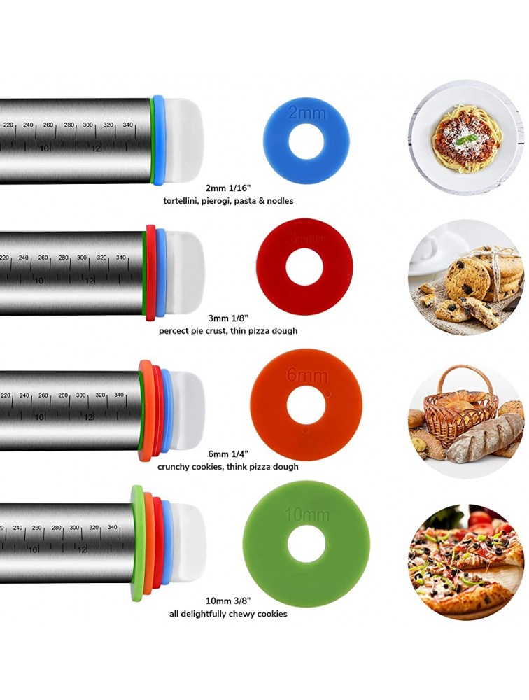 Rolling Pins Stainless Steel Dough Roller Rolling Pin and Silicone Baking Pastry Mat Set Adjustable Rolling Pin with Thickness Rings for Baking Dough Pizza Pie Pastries Pasta CookiesRed - BCYLQ4Q6E