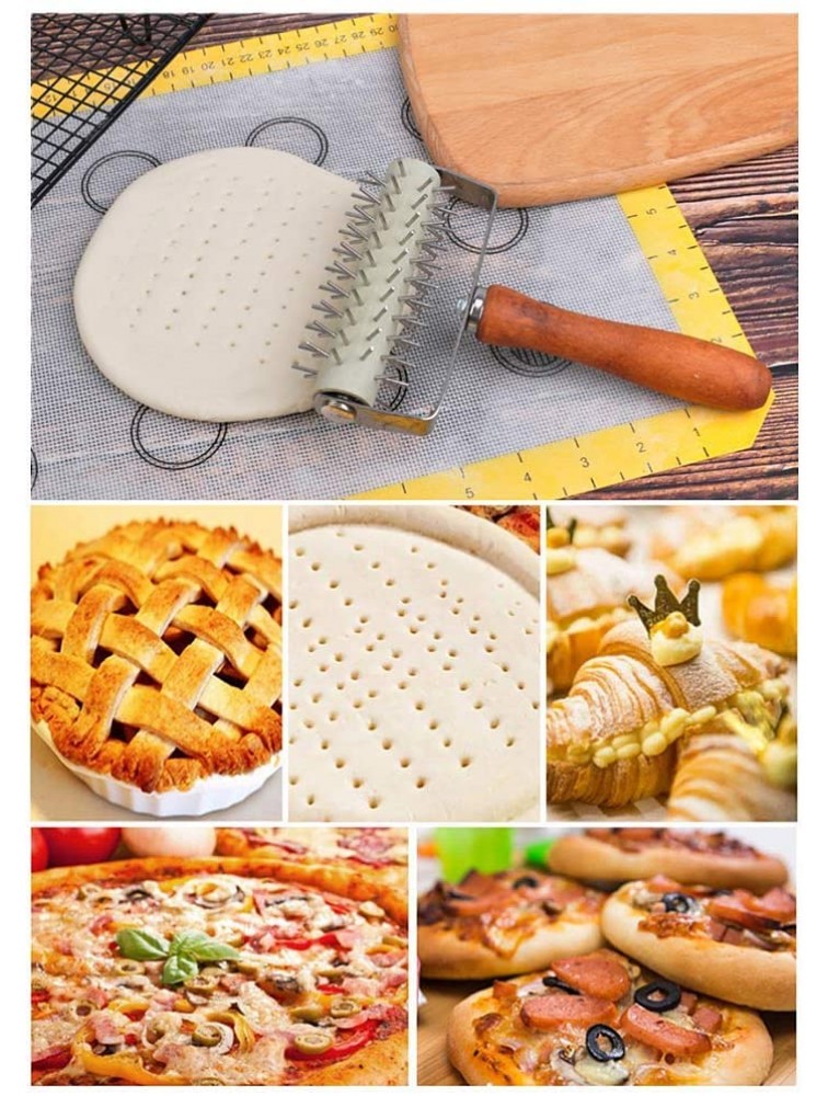 Stainless Steel Pizza Dough Roller Docker ,Time-Saver Pizza Dough Roller Docker with Wood Handle Pizza Bread Pin Puncher Pizza Wheel for Pizza Cookie Cake Pie Pastry Bread Dough - BZ3WT1916