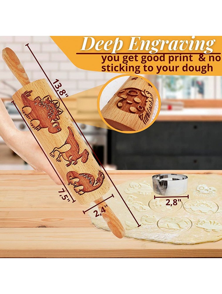 Wakeup! Embossed Rolling Pin for Kids Baking – Dinosaur Wood Dough Roller Pin Laser Etched with Dino Patterns for Stamping Cookie Dough and Pie Crust – Includes Round Cookie Cutter and Brush - BBRBL8XMR