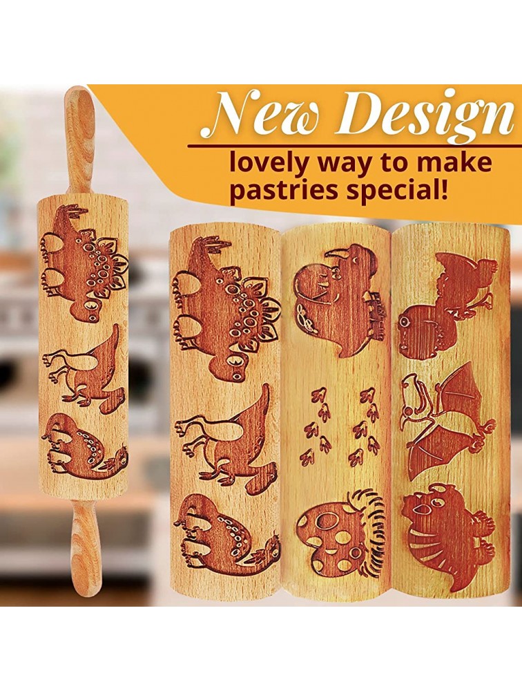 Wakeup! Embossed Rolling Pin for Kids Baking – Dinosaur Wood Dough Roller Pin Laser Etched with Dino Patterns for Stamping Cookie Dough and Pie Crust – Includes Round Cookie Cutter and Brush - BBRBL8XMR