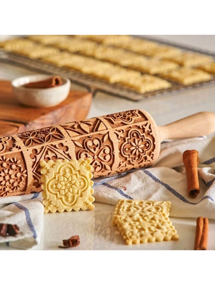 Wooden Rolling Pin Engraved Embossing Rolling Pin Kitchen Decor Tools for Baking Embossed Cookies Window Grilles 43cm x 5cmL x D - B3DJSYVN4