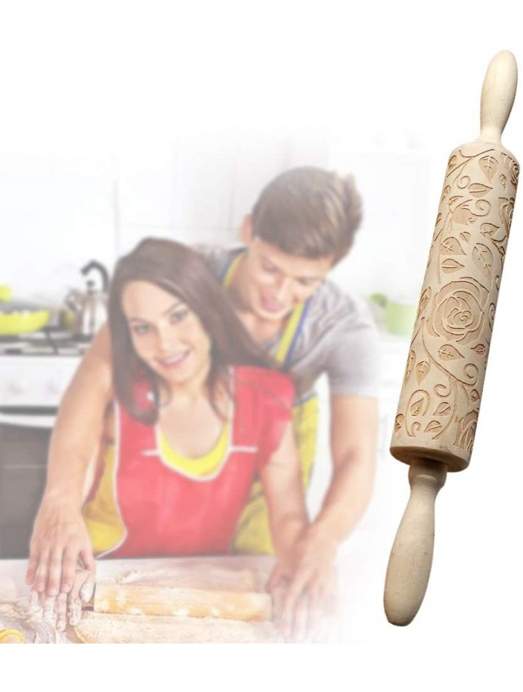 Wooden Rolling Pin Rose Flower Embossed Engraved Carved Rolling Pin Valentine's Day DIY Cookies Biscuit Fondant Cake Dough Roller Baking Tool Wood color - BQEJZM2RY