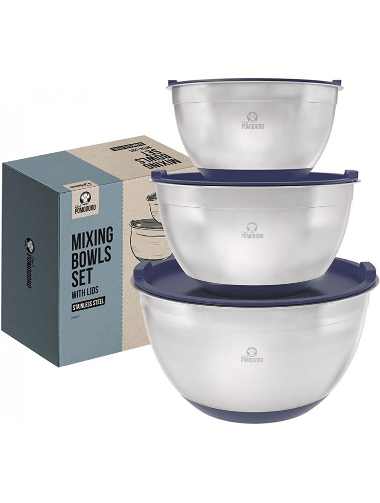 Chef Pomodoro Stainless Steel Mixing Bowls with Lids Navy Blue Non-Slip Silicone Base 3 Piece Set 1.5 Qt 3 Qt 5 Qt Nesting Bowls for Storage Cooking Baking Prepping - BAF9Y94EN