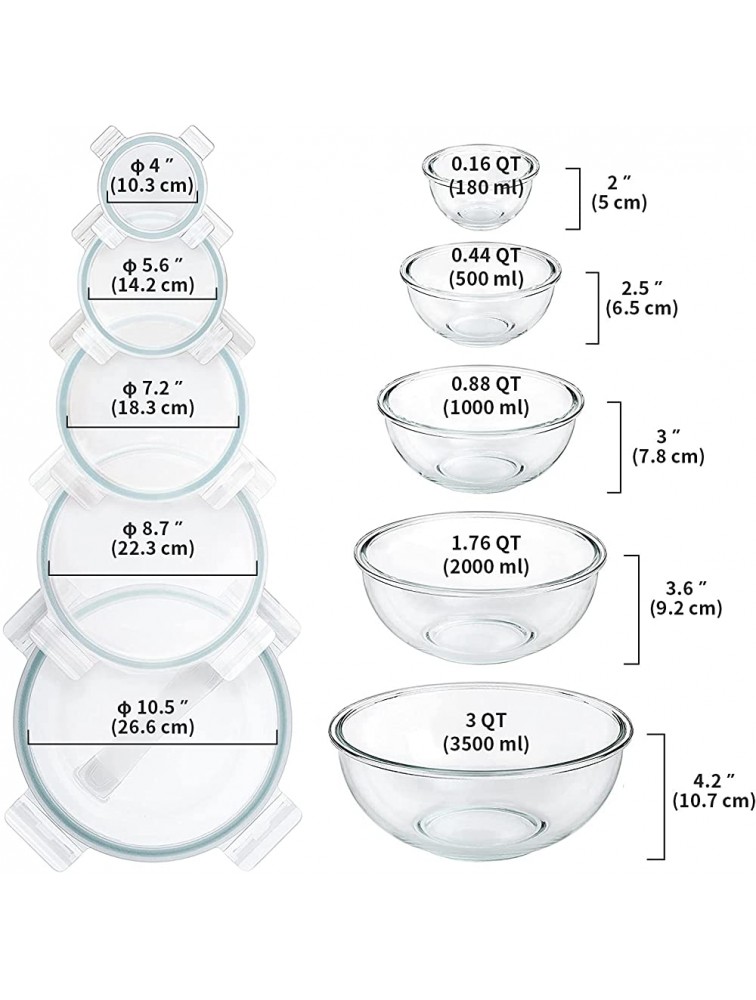 Luvan Glass Mixing Bowl with Lids Set of 5 0.16 0.44 0.88 1.76 3 QT Space-Saving Nesting Bowls Anti-slip Salad Bowls for Mixing Storage Cooking Microwave,Freezer,Oven and Dishwasher Safe - BAWT1I6CY