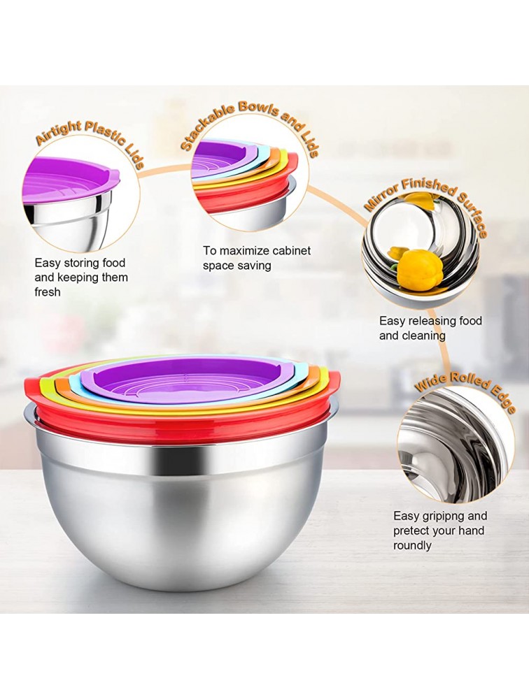 Mixing Bowl with Lid Set of 5 P&P CHEF 10-Piece Stainless Steel Nesting Salad Bowl Set for Prepping Mixing and Serving Size 4.6 3 1.5 1 0.7 QT Rimmed Edges & Flat Base - BI10A4QZ2