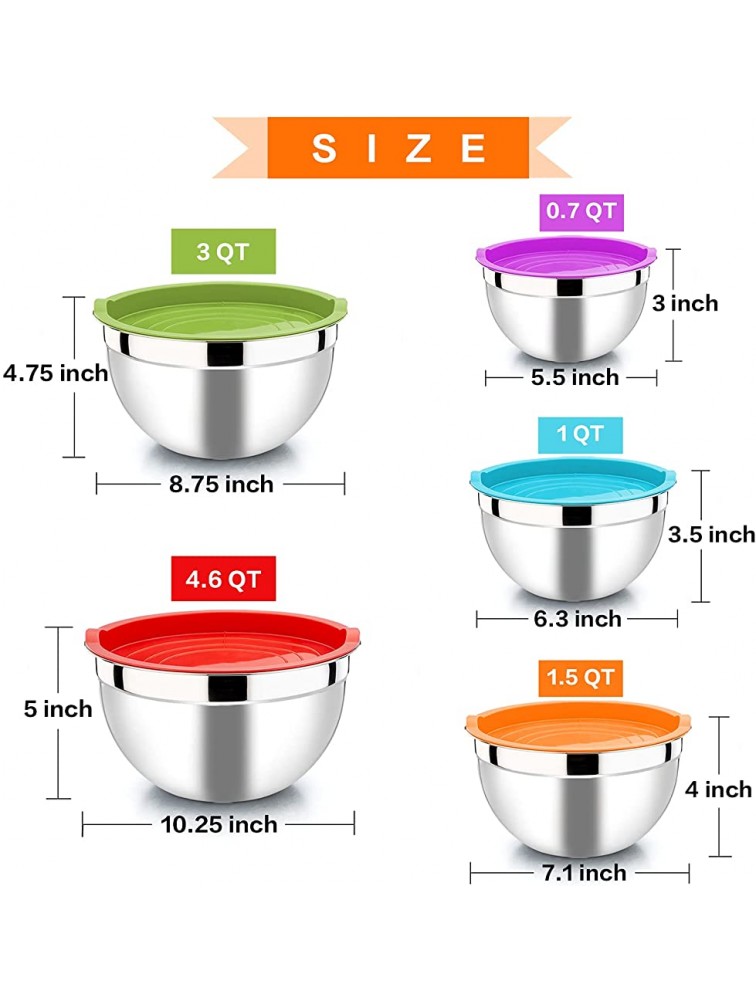 Mixing Bowl with Lid Set of 5 P&P CHEF 10-Piece Stainless Steel Nesting Salad Bowl Set for Prepping Mixing and Serving Size 4.6 3 1.5 1 0.7 QT Rimmed Edges & Flat Base - BI10A4QZ2