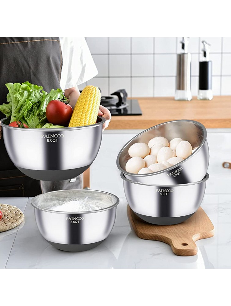 Mixing Bowls with Airtight Lids 20pcs Stainless Steel Nesting Bowls Set by Paincco Non-Slip Silicone Bottom & Measuring Marks Size 6 5 4 3 2 1.5 0.63 qt Fit for Mixing & Serving（Gray） - BC96QX0LD