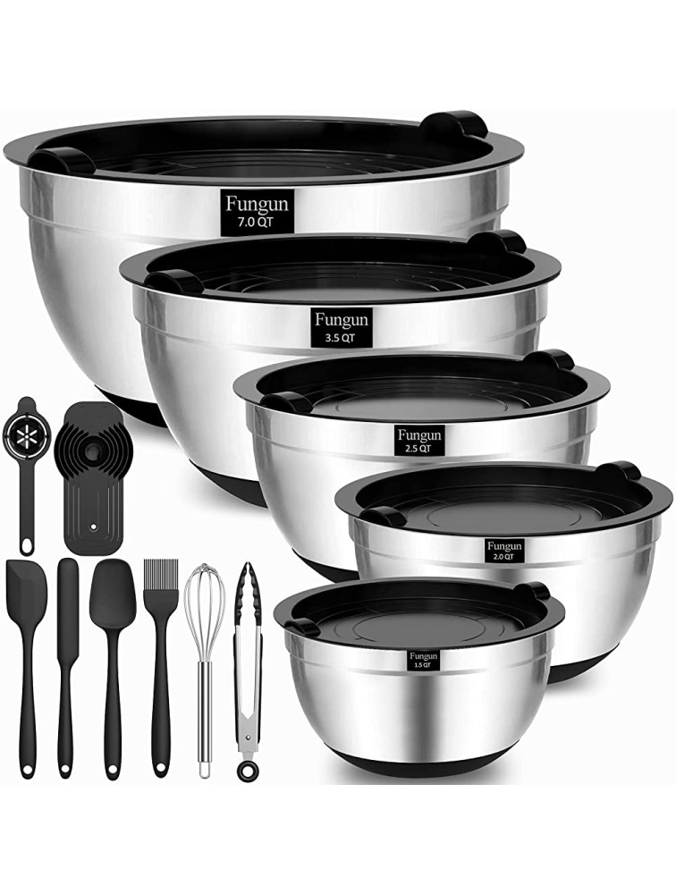 Mixing Bowls with Airtight Lids Fungun 18 PCS Stainless Steel Nesting Mixing Bowls Set for Baking Mixing Serving & Prepping Size 7 3.5 2.5 2 1.5 qt Metal Bowls with Non-Slip Bottoms Black - BIVMDKQ68
