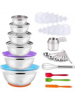 Mixing Bowls with Lid Set 35PCS Kitchen Utensils Stainless Steel Nesting Bowls Measuring Cups and Spoons 12 Reusable Silicone Stretch Lids Non-slip Mat Egg Whisk for Baking Prepping Cooking Serving - BV9ISR828