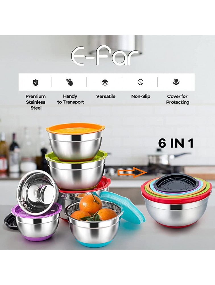 Mixing Bowls with Lids Set E-far 23-Piece Stainless Steel Nesting Bowls with Colorful Airtight Lids and Non-Slip Bottoms Size 5 3 2.5 1.5 1 0.5QT Great for Baking Mixing Prepping Serving - BQDTS4XKK