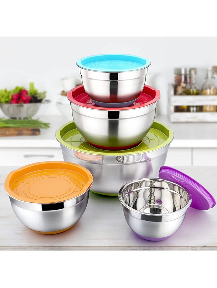 Mixing Bowls with Lids Set of 5 P&P CHEF Stainless Steel Salad Nesting Bowls for Kitchen Size 7 3.5 2.5 1.5 1 QT Great for Mixing Serving Storing Non-Slip Silicone Base & Mirror Finished Inside - BT8648E60