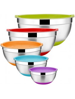 Stainless Steel Mixing Bowls Set of 5 Size 7 3.5 2.5 2 1 QT E-far Metal Nesting Bowls with Colorful Airtight Lids & Non-Slip Bottoms Great for Kitchen Cooking Baking Serving Food Prep - BIJJQ7M6Q
