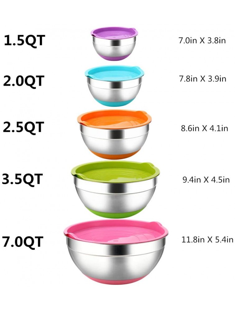 Stainless Steel Mixing Bowls with Airtight Lids by REGILLER 5 Piece Colorful Silicone Flat Base Nesting Metal Bowls Measurement Lines for Cooking Supplies Colorful - B3MXM9Y29