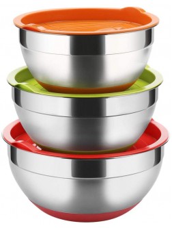 Stainless Steel Mixing Bowls with Lids Set of 3 Non Slip Colorful Silicone Bottom Nesting Storage Bowls by Regiller-yyi Polished Mirror Finish For Healthy Meal Mixing and Prepping 2.5 3.5-4.2QT - BW3DV2CNK