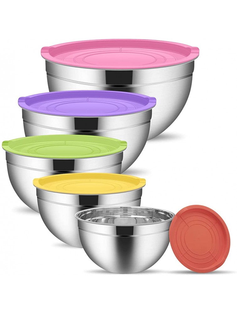Stainless Steel Mixing Bowls with lids Set of 5 Extra Large Mixing Bowl Set 5.3 4.5 3.5 2.5 2QT Deeper and Stackable Metal Nesting Bowls Versatile For Cooking Baking & Food Storage Colorful - BL3WOZHRW