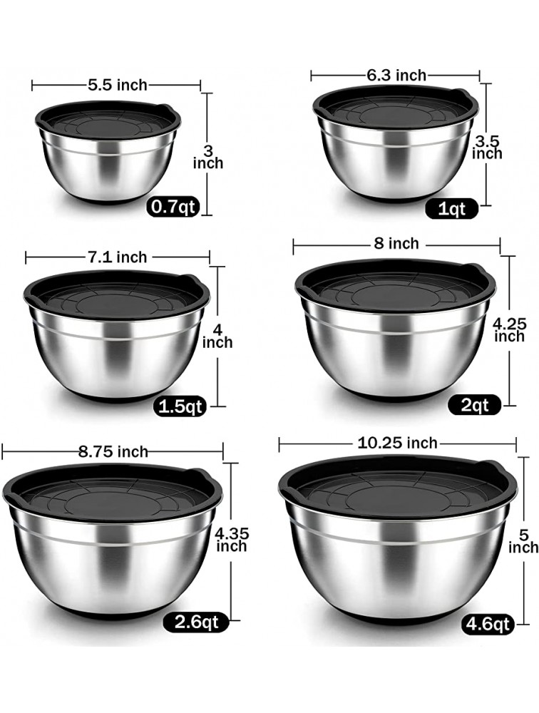 TeamFar Mixing Bowls Black Mixing Bowls with Lids Set Stainless Steel Nesting Salad Bowl with Air-tight Lid & Silicone Bottom Non Slip & Stackable Set of 6 4.6 2.6 2 1.5 1 0.7 Qt - BMJETFZDY