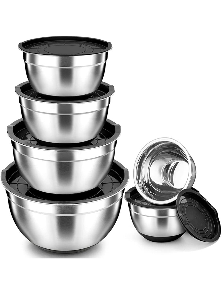 TeamFar Mixing Bowls Black Mixing Bowls with Lids Set Stainless Steel Nesting Salad Bowl with Air-tight Lid & Silicone Bottom Non Slip & Stackable Set of 6 4.6 2.6 2 1.5 1 0.7 Qt - BMJETFZDY