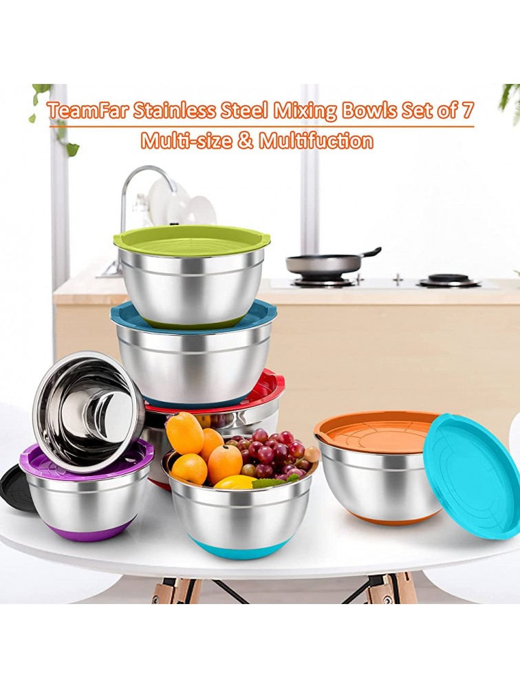 TeamFar Mixing Bowls Set of 7 Stainless Steel Mixing Bowls with Lids for Baking Mixing Prepping Salad Bowl with Air-tight Lid & Silicone Bottom 4.6 3.5 2.6 2 1.5 1 0.7 Qt - B20VHWN6Q