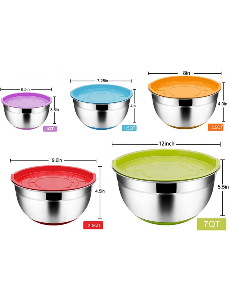 TeamFar Mixing Bowls with Lids Set 1 1.5 2.5 3.5 7 QT Stainless Steel Large Metal Nesting Salad Bowl Set of 5 Healthy & Sturdy Non-slip Bottom & Airtight Lid-Multi-Color - BDWK2SPAG