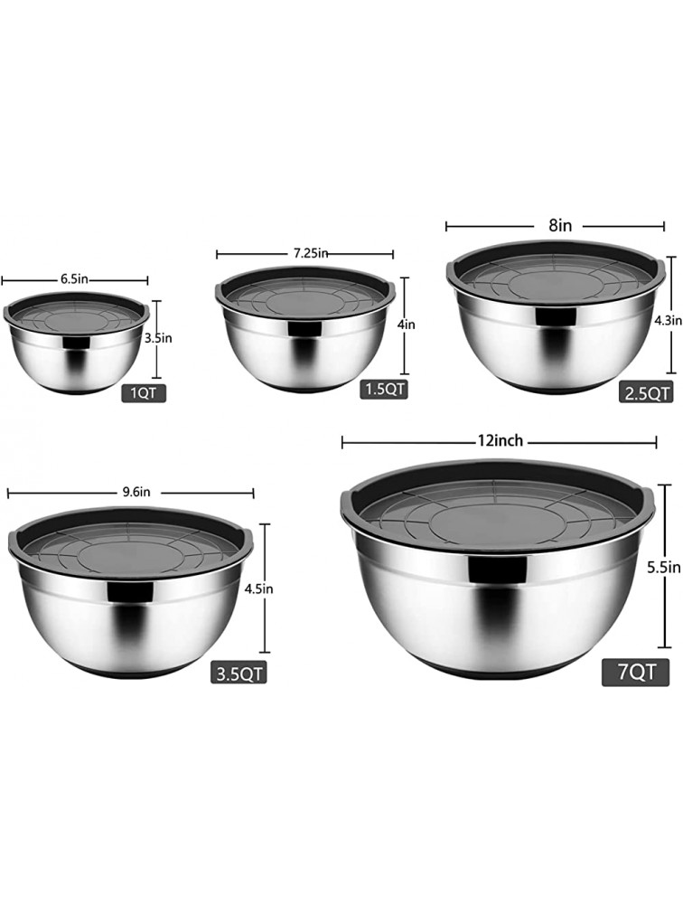 TeamFar Mixing Bowls with Lids Set 7 3.5 2.5 1.5 1 QT Stainless Steel Large Metal Salad Nesting Bowl Non-Slip Silicone Bottom & Airtight Lid Healthy & Deep Set of 5Black - BGRCGJCWC
