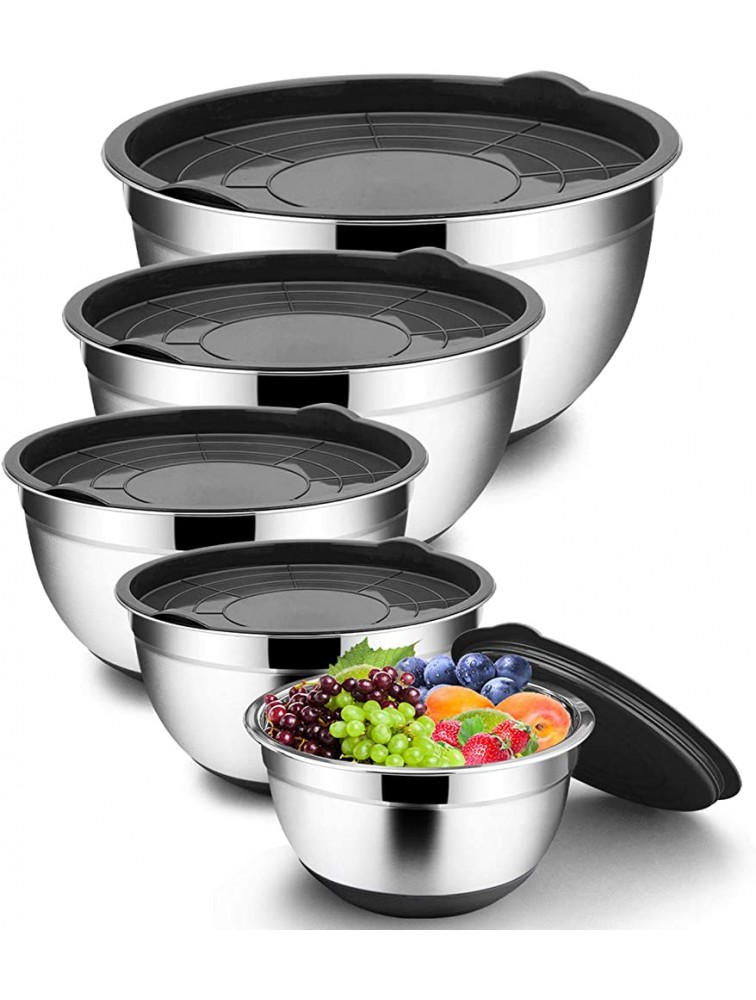 TeamFar Mixing Bowls with Lids Set 7 3.5 2.5 1.5  1 QT Stainless Steel Large Metal Salad Nesting Bowl Non-Slip Silicone Bottom & Airtight Lid Healthy & Deep Set of 5Black - BGRCGJCWC